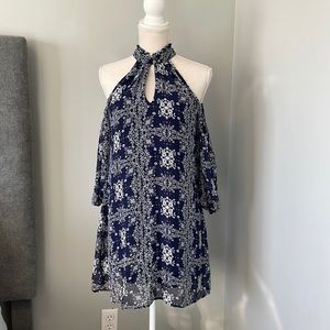 Navy blue shoulder cut out mini dress